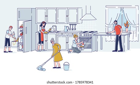 Family Cleaning Kitchen Together. Parents, Grandmother And Kids Doing Housework, Wiping, Mopping, Cleaning Furniture And Appliance. Housekeeping Process Concept. Linear Vector Illustration