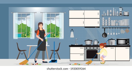 Family Cleaning Kitchen. Woman And Girl Cleaning Dirty Kitchen. Housewife Mopping Floor And Daughter Helping To Doing Housework Together. Happy Family Life Concept Vector Cartoon Illustration.
