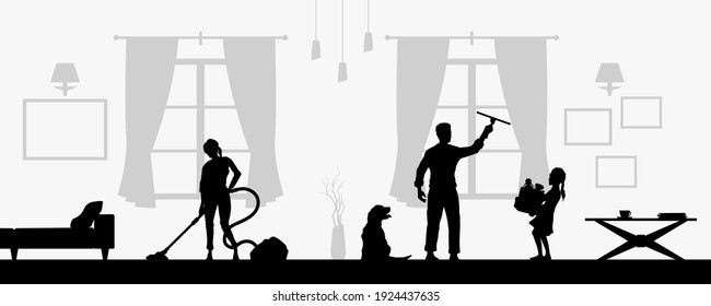 Salón de limpieza familiar. Silhouette negra de la escena de las tareas domésticas. Trabajo doméstico. La gente arregla su casa. Imagen horizontal de barrido plano. Ilustración del vector