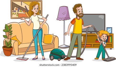 Family cleaning living room. Children helping parents with home chores, mopping floor and wash windows. Housework together vector concept. Illustration family cleaning at home, cleaner house room