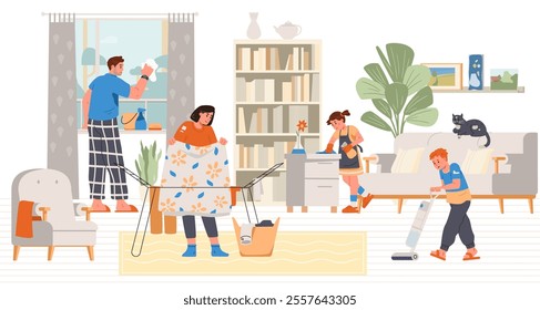 Family cleaning the living room flat vector illustration. Family doing house chores together.