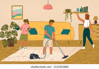 Family Cleaning Living Room. Vector Concept Illustration. Husband, Wife And Kid Cleaning Home Together