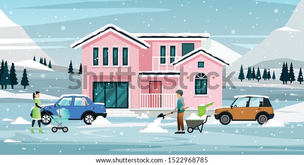 The family is cleaning the snow that covers homes\
and cars.
