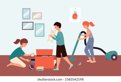 Family Cleaning Their Home Together - Happy Cartoon Boy And Girl Kids And Mother Tidying Up Children's Room From Toys And Vacuuming The Floor - Flat Vector Illustration