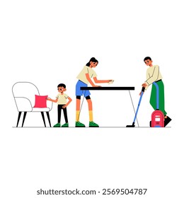 Family Cleaning Together With Household Tools In Flat Vector Illustration Symbolizing Teamwork, Cooperation, And Household Chores, Isolated On White Background.