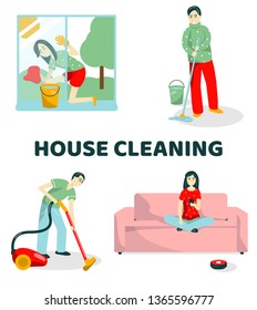 The family cleans the apartment. Dad vacuuming, mom washes the window, grandpa washes the floor, the daughter starts the robot vacuum cleaner. Vector flat set of people on a white background.