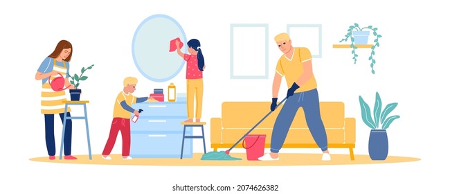 Family cleans at home. Mother, father, and kids