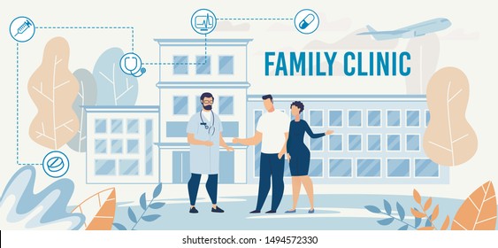 Family Clinic Presentation with Doctor Male Character in Uniform Meeting Married Couple. Cartoon Hospital Building. Healthcare, Treatment, Insurance, Examination, Vaccination. Vector Flat Illustration