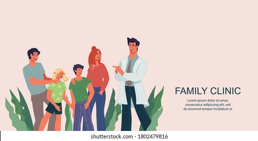 Family Clinic Web Banner Or Flyer Template With Doctor Advising Family Members. Landing Page For Medical Clinic And Family Doctor Office, Flat Vector Illustration.