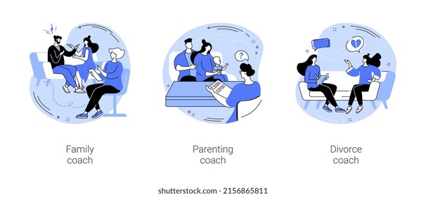 Family coach isolated cartoon vector illustrations set. Experienced relationship coach talking with couple, parenting coaching, therapy session, help to coupe with divorce vector cartoon.