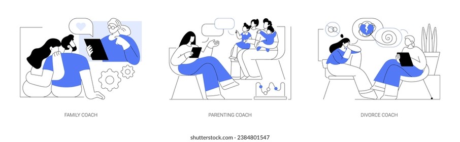 Family coach isolated cartoon vector illustrations set. Experienced relationship coach talking with couple, parenting coaching, therapy session, help to coupe with divorce vector cartoon.