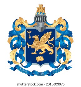 Family coat of arms. In the field of the shield there is a golden griffin, a key and a book. Below is a ribbon with a motto Honor, Valor, Victory