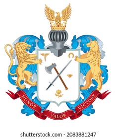 Family coat of arms. The lion and the bear are holding a shield. On the shield there is a sword and a battle ax