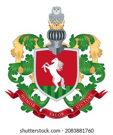 Family coat of arms. White horse on a red shield. Above there is a knight's helmet, crown and an owl