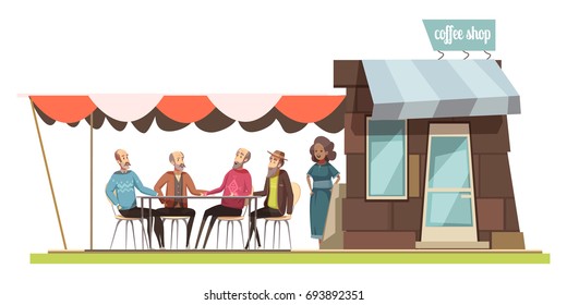 Family in coffee shop design composition with cartoon figurines of young woman and four elderly men talking at leisure vector illustration