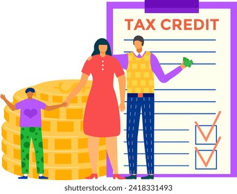 Family with coins stack and tax credit checklist. Financial planning, parents with child saving money. Tax deductions concept vector illustration.