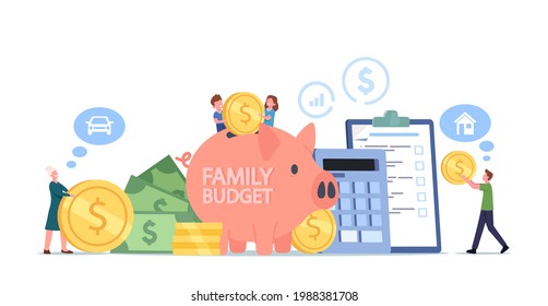 Family Collect Money for Budget Savings, Income Concept. Happy Mother, Father and Little Children Characters Stand at Huge Piggy Bank and Calculator with Gold Coins. Cartoon People Vector Illustration