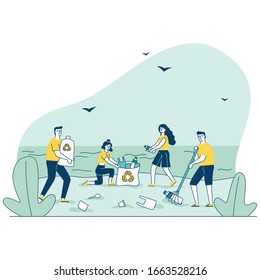 Family collecting garbage in trash bags on ocean beach vector illustration. Eco volunteers cleaning seashore from trash. People taking care of ecological situation on planet, environmental protection.