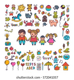 Family. Collection of hand drawn cute doodles. Sketch set of drawings in child style. Doodle children drawing. Vector illustration.