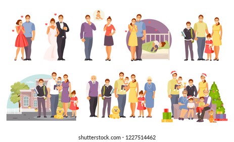 Family collection. Happy family moments. Creation and development of the family. Vector characters