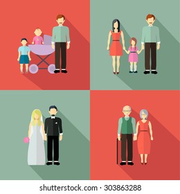 Family collection with married, couple, children and grandma, grandparents avatars. Flat design for web