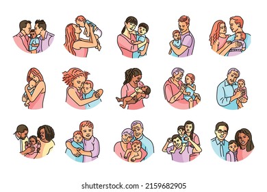 Ilustración de línea de color de familia. Feliz pareja con hijos