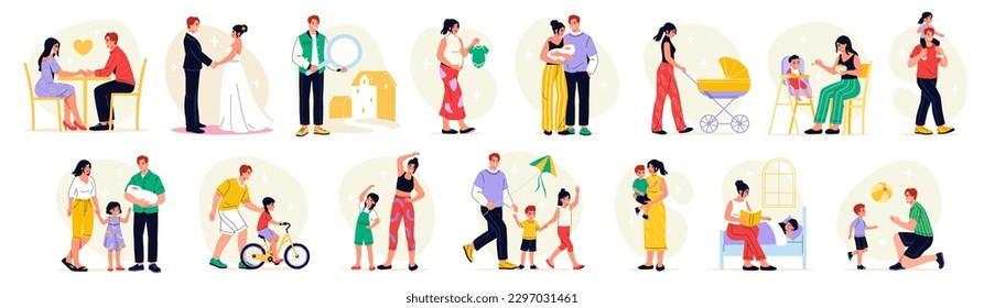 Family color set. Man and woman on date and wedding. Pregnancy character. Mom and dad with child play, ride bike, do exercises, read book. Cartoon flat vector collection isolated on white background