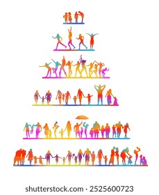 Family colored parents and kids outdoor activities in park silhouettes . People seniors adults teens kids having fun playing together outside silhouette. hand drawn. Not AI, Vector illustration