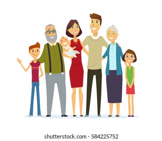Family - colored vector modern flat design composition. Father, mother, grandmother, grandfather, son, daughther, baby.