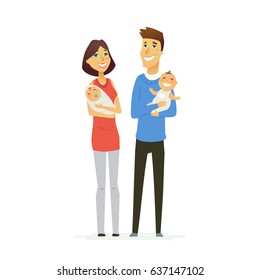 Family - colored vector modern flat illustration composition of cartoon characters. Father, mother, two cute babies. United and happy.