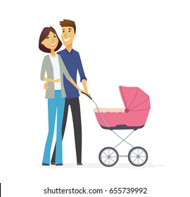 Family - colored vector modern flat design illustration, composition of cartoon characters. Happy parents with pink baby carriage.