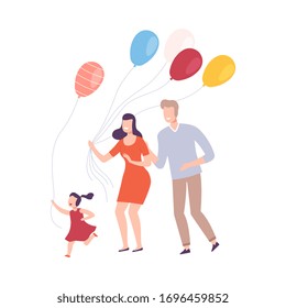 Family with Colorful Balloons, Smiling Mother, Father and their Daughter Celebrating Holiday Vector Illustration