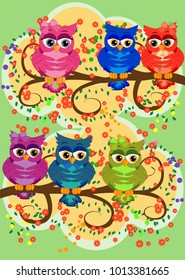 A family of colorful, bright, lovely cartoon owls on the branches of flowering trees. Moms, dads, children. Card