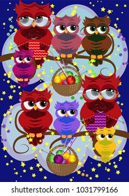 A family of colorful, bright, lovely cartoon owls on the branches of flowering trees. Moms, dads, children. Card