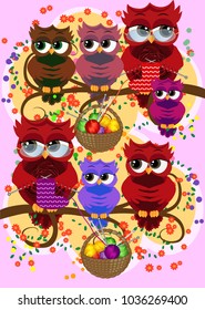 A family of colorful, bright, lovely cartoon owls on the branches of flowering trees. Moms, dads, children. Card