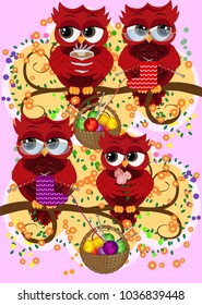 A family of colorful, bright, lovely cartoon owls on the branches of flowering trees. Moms, dads, children. Card