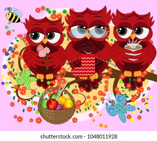 A family of colorful, bright, lovely cartoon owls on the branches of flowering trees. Moms, dads, children. Card