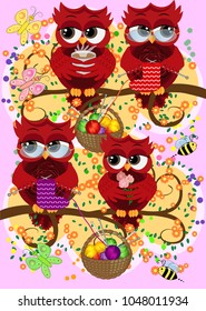 A family of colorful, bright, lovely cartoon owls on the branches of flowering trees. Moms, dads, children. Card