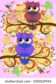A family of colorful, bright, lovely cartoon owls on the branches of flowering trees. Moms, dads, children. Card