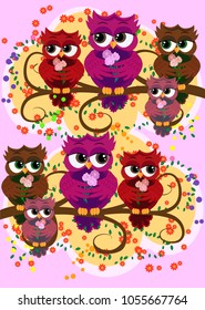 A family of colorful, bright, lovely cartoon owls on the branches of flowering trees. Moms, dads, children. Card