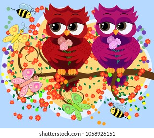 A family of colorful, bright, lovely cartoon owls on the branches of flowering trees. Moms, dads, children. Card