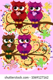 A family of colorful, bright, lovely cartoon owls on the branches of flowering trees. Moms, dads, children. Card