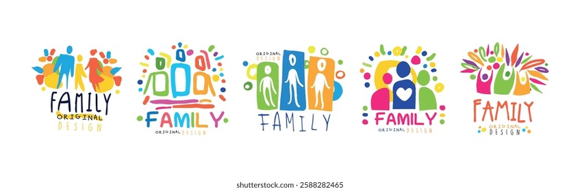 Family Colorful Label Original Design with Bright Element Vector Set