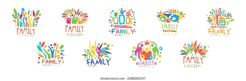 Family Colorful Label Original Design with Bright Element Vector Set