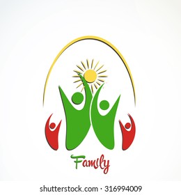 Family colorful shine logo with family icon and sun in green, red and yellow color poster