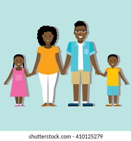 Family Colorful Silhouette With African American Parents And Children.. Two Children. Boy And Girl. Two Parents. Happy Family. Parents Love.