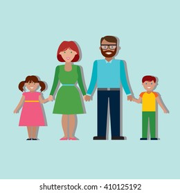 Family colorful silhouette with parents and children. Man with beard. TWo children. Boy and girl. Two parents. Happy family. 