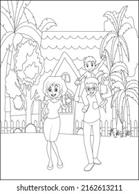 Family coloring page, Mom Dad playing with son