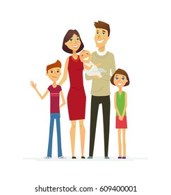 Family - coloured vector modern flat illustrative composition of cartoon characters. Father, mother, son, daughter, baby. United and happy.