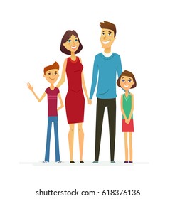 Family - coloured vector modern flat illustrative composition of cartoon characters. Father, mother, son, daughter. United and happy.